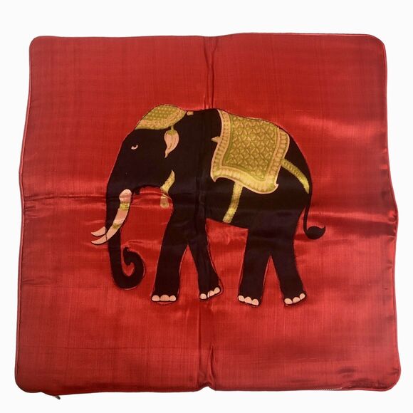 Indian Elephant Cushion Pillow Cover Orange Silk 16” Square - Picture 1 of 6